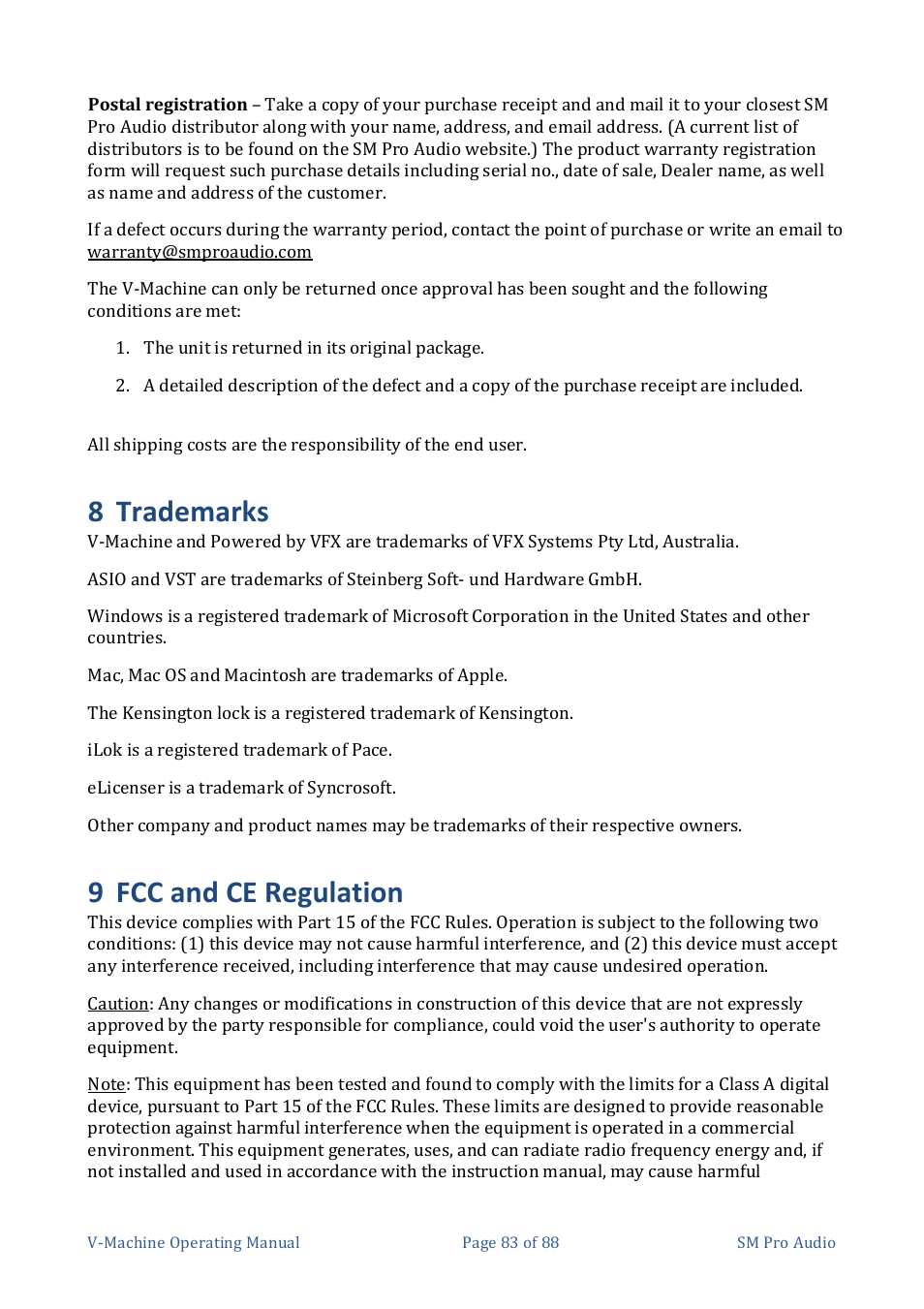 8 trademarks, 9 fcc and ce regulation | SM Pro Audio V-Machines User Manual | Page 83 / 88