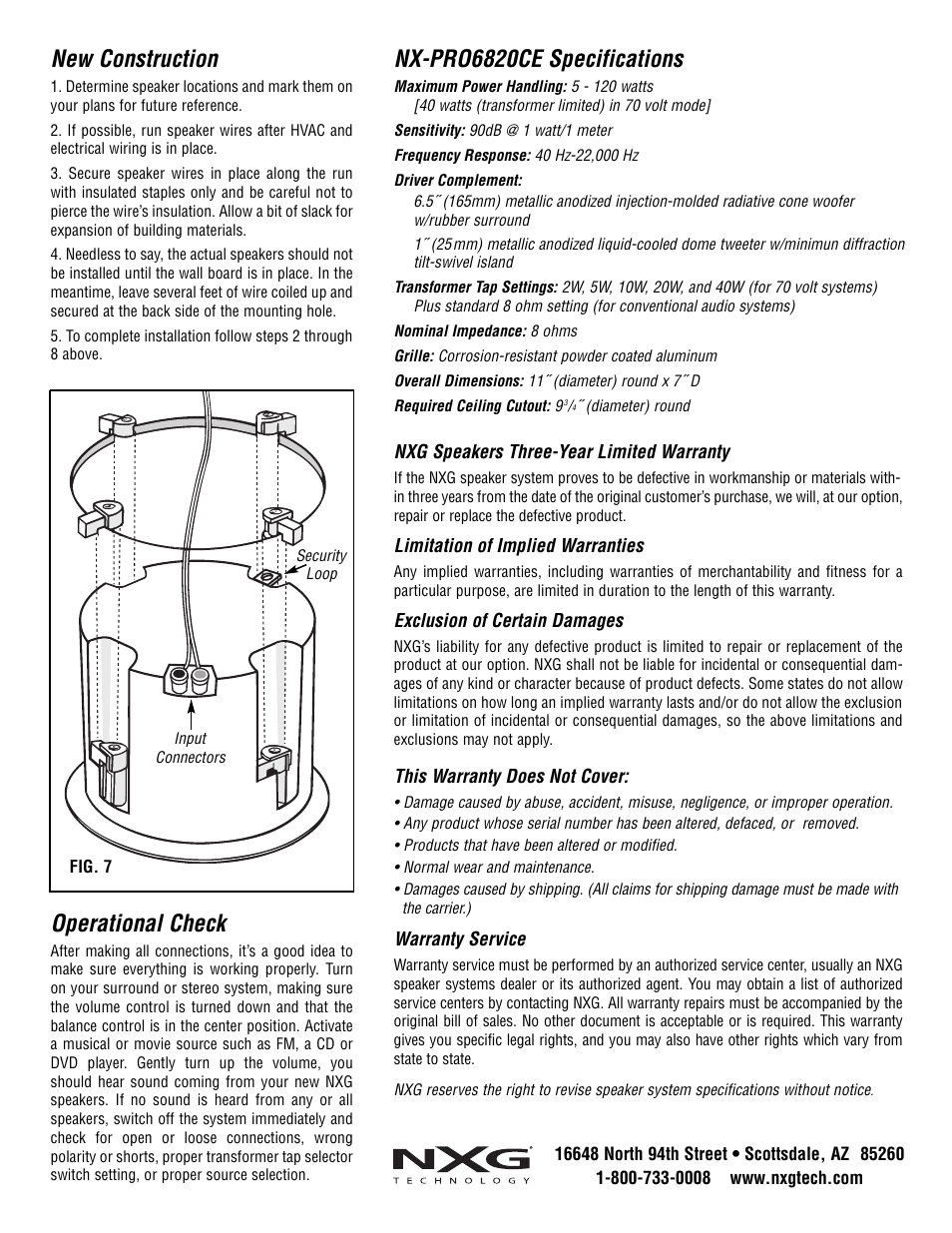 New construction, Operational check, Nx-pro6820ce specifications | NXG Technology NX-PRO6820CE User Manual | Page 4 / 4