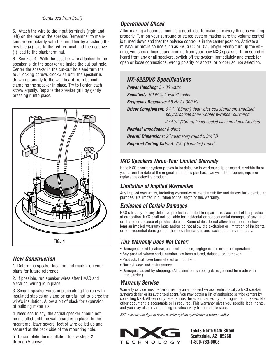 Nx-622dvc specifications, Operational check, New construction | Nxg speakers three-year limited warranty, Limitation of implied warranties, Exclusion of certain damages, This warranty does not cover, Warranty service | NXG Technology NX-622DVC User Manual | Page 2 / 2