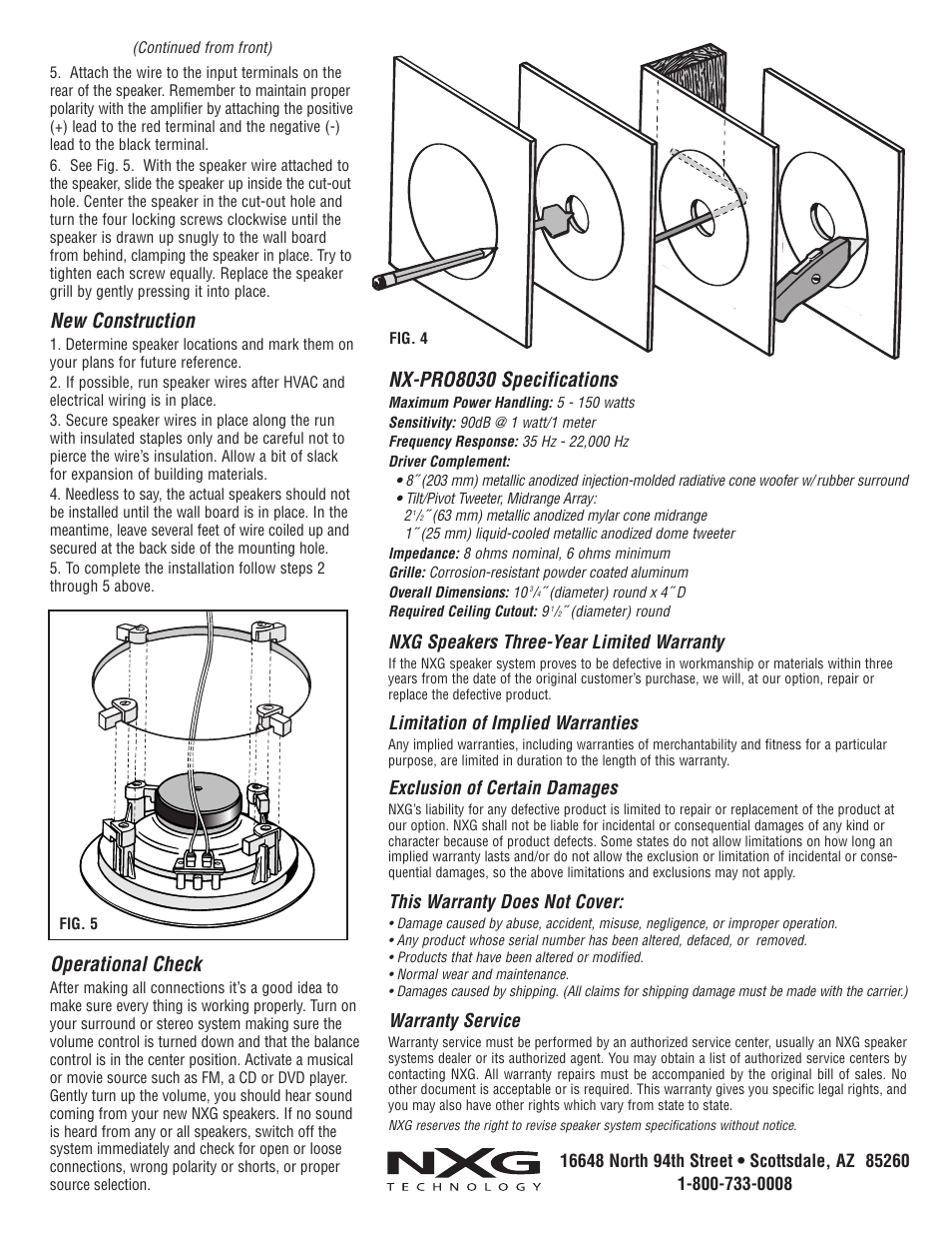 New construction, Operational check, Nx-pro8030 specifications | Nxg speakers three-year limited warranty, Limitation of implied warranties, Exclusion of certain damages, This warranty does not cover, Warranty service | NXG Technology NX-PRO8030 User Manual | Page 2 / 2