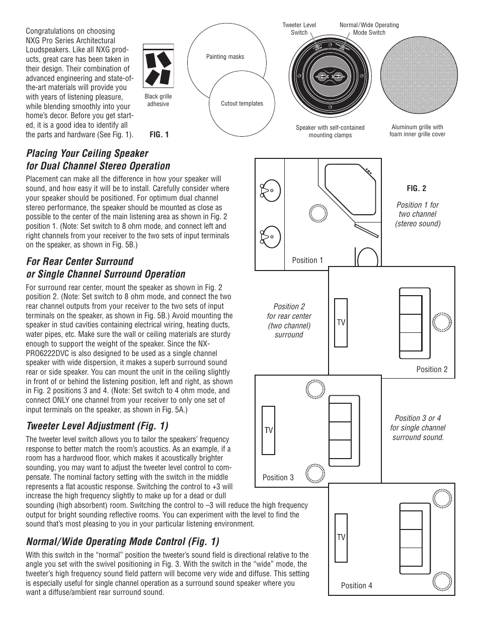 Tweeter level adjustment (fig. 1), Normal/ wide operating mode control (fig. 1) | NXG Technology NX-PRO6222DVC User Manual | Page 2 / 4