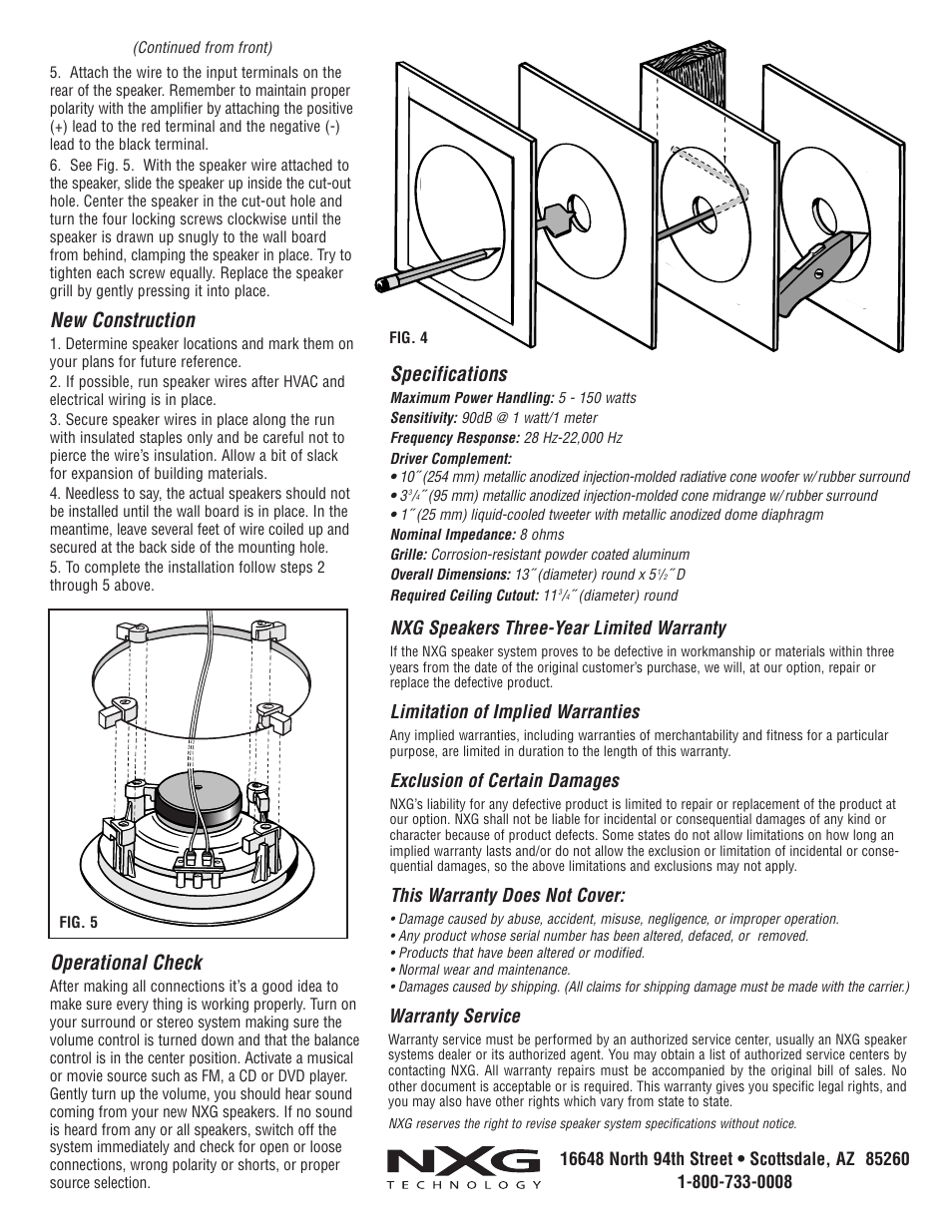 New construction, Specifications, Operational check | Nxg speakers three-year limited warranty, Limitation of implied warranties, Exclusion of certain damages, This warranty does not cover, Warranty service | NXG Technology NX-PRO1030 User Manual | Page 2 / 2