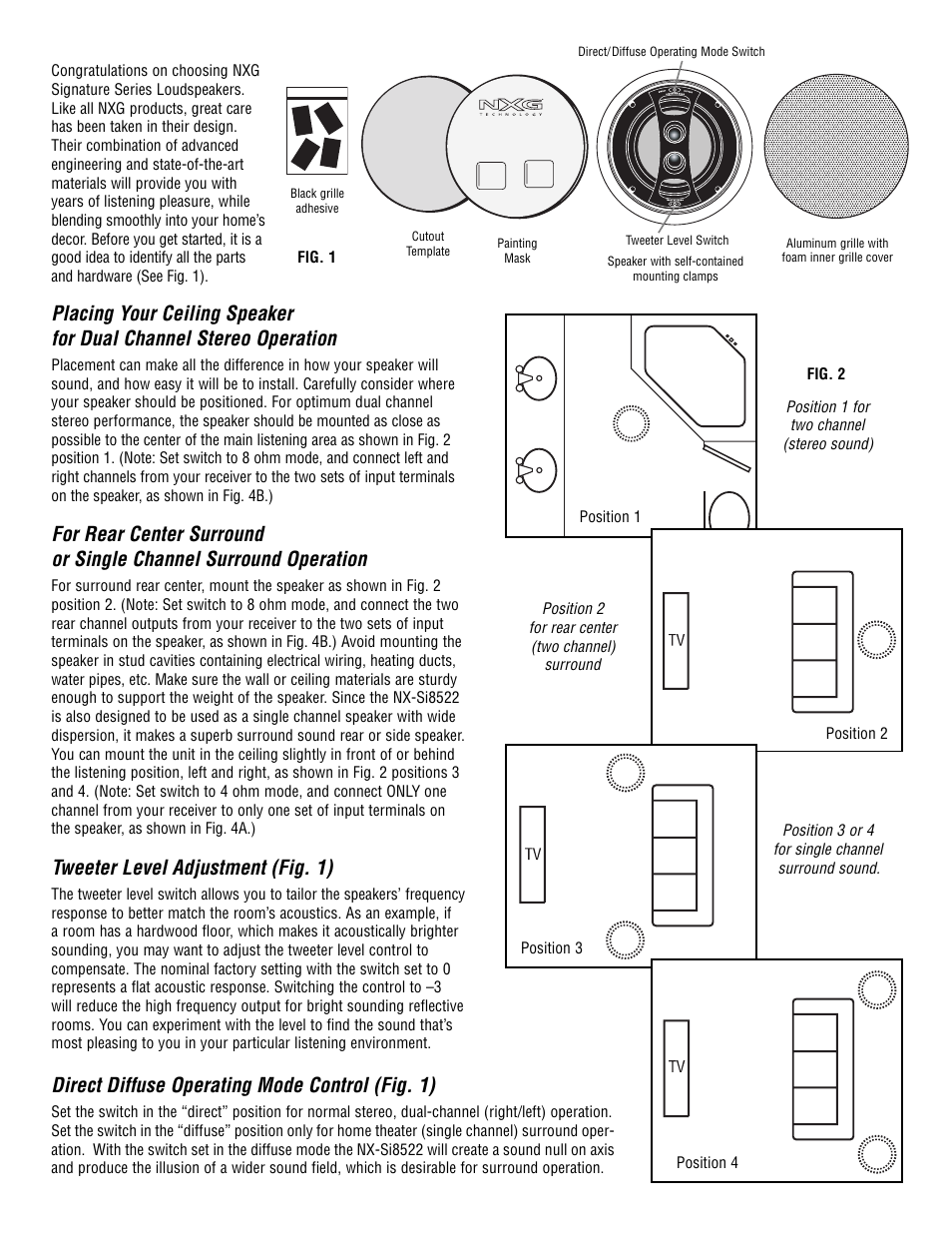 Tweeter level adjustment (fig. 1), Direct diffuse operating mode control (fig. 1) | NXG Technology NX-Si8522 User Manual | Page 2 / 4