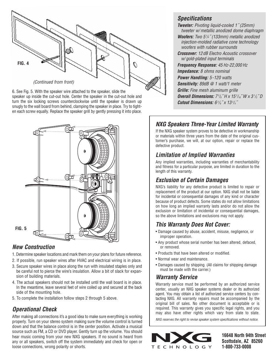 Nxg speakers three-year limited warranty, Limitation of implied warranties, Exclusion of certain damages | This warranty does not cover, Warranty service, New construction, Specifications, Operational check | NXG Technology NX-PRO5520CLR User Manual | Page 2 / 2