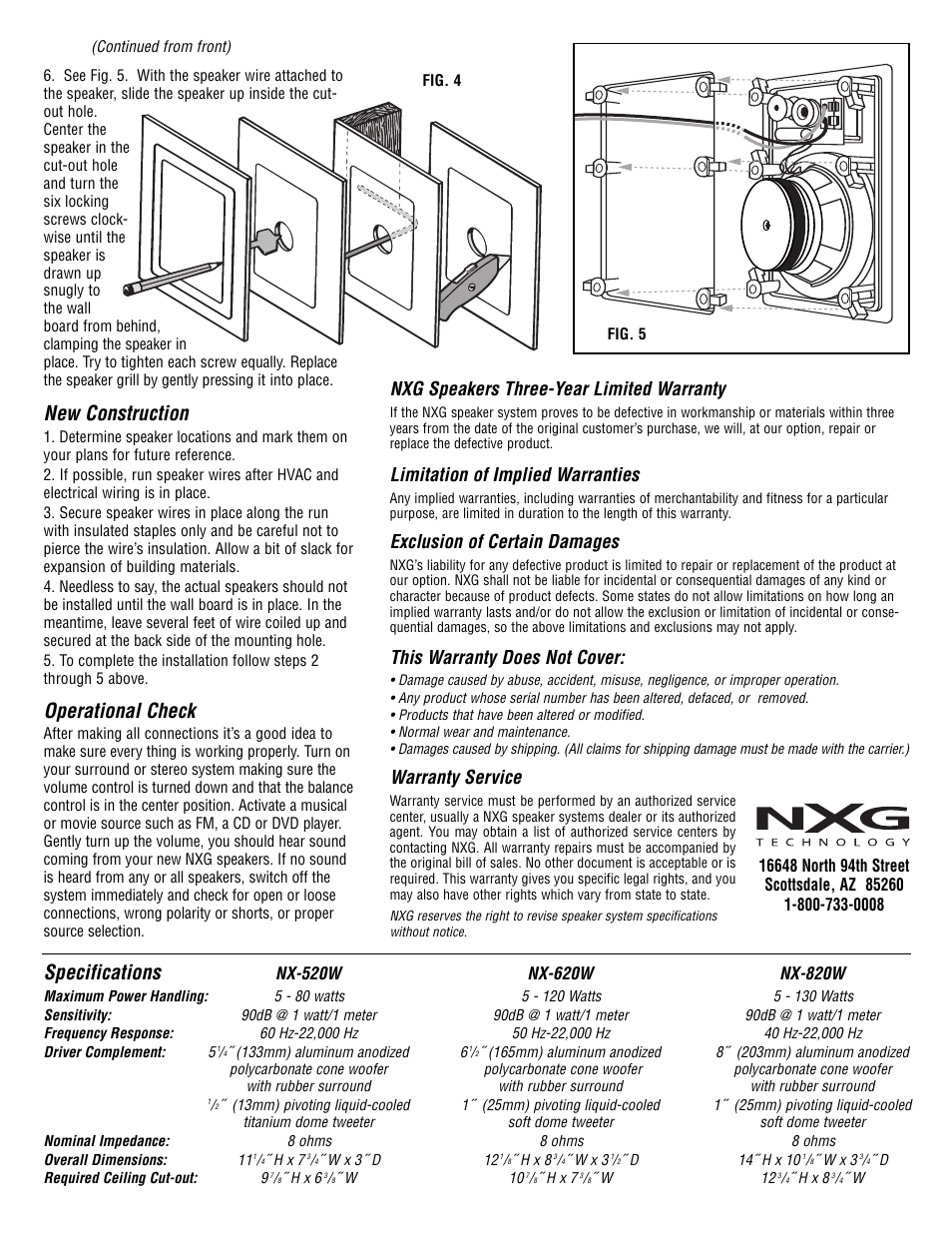 New construction, Operational check, Specifications | Warranty service, Nxg speakers three-year limited warranty, Limitation of implied warranties, Exclusion of certain damages, This warranty does not cover | NXG Technology NX-820W User Manual | Page 2 / 2