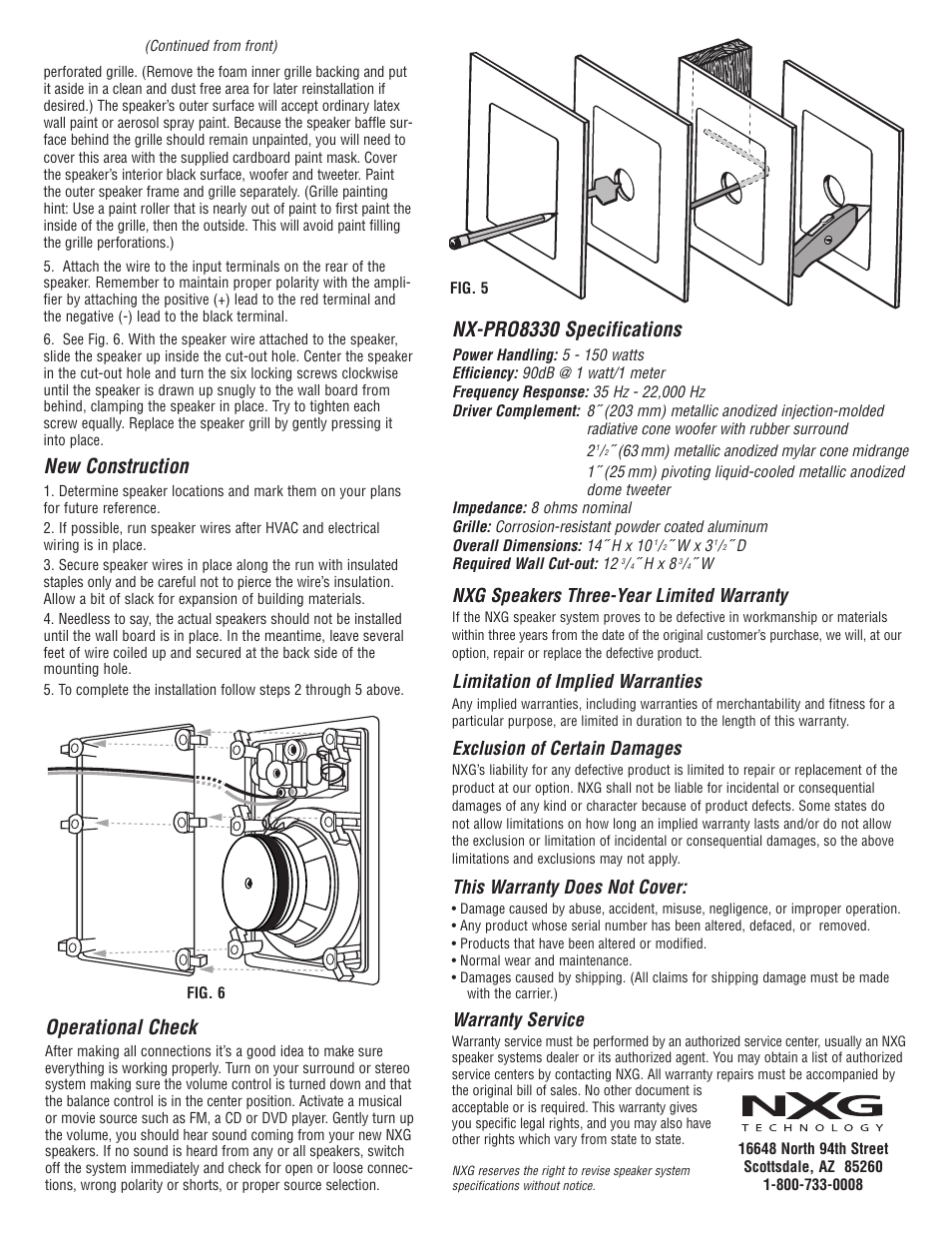 New construction, Nx-pro8330 specifications, Operational check | Warranty service, Nxg speakers three-year limited warranty, Limitation of implied warranties, Exclusion of certain damages, This warranty does not cover | NXG Technology NX-PRO8330 User Manual | Page 2 / 2