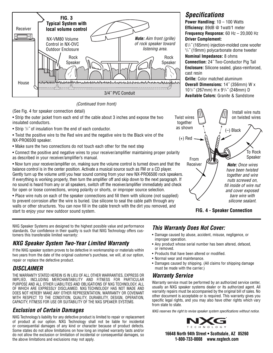 Specifications, Nxg speaker system two-year limited warranty, Disclaimer | Exclusion of certain damages, This warranty does not cover, Warranty service | NXG Technology NX-PRO6500S User Manual | Page 2 / 2