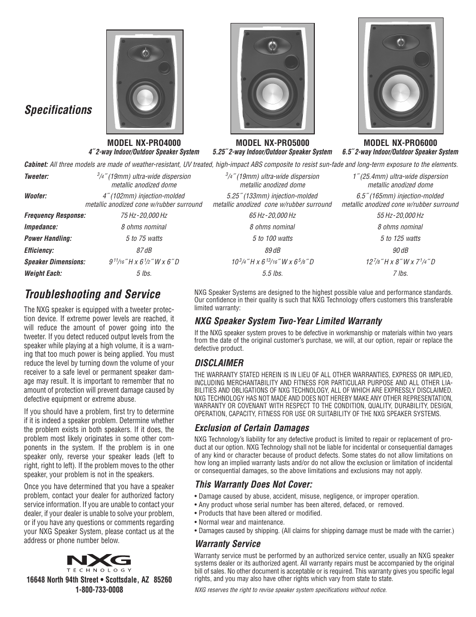 Troubleshooting and service, Specifications, Nxg speaker system two-year limited warranty | Disclaimer, Exclusion of certain damages, This warranty does not cover, Warranty service | NXG Technology NX-PRO6000 User Manual | Page 2 / 2