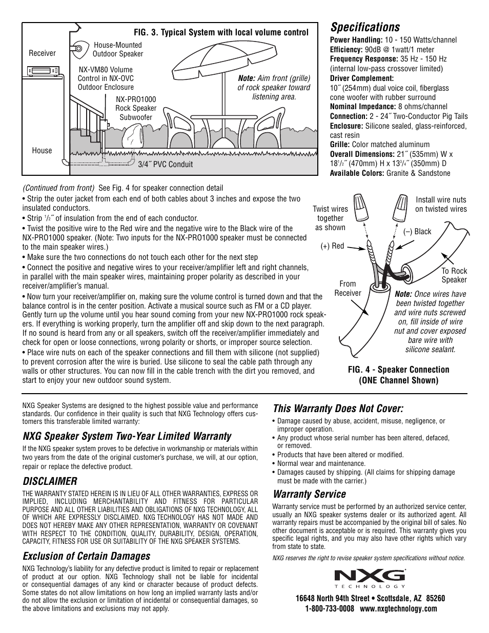 Specifications, Nxg speaker system two-year limited warranty, Disclaimer | Exclusion of certain damages, This warranty does not cover, Warranty service | NXG Technology NX-PRO1000 User Manual | Page 2 / 2