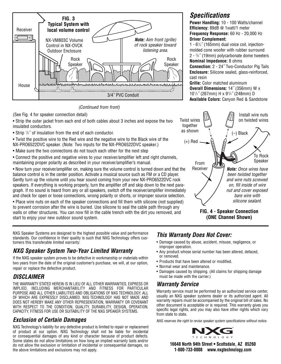 Specifications, Nxg speaker system two-year limited warranty, Disclaimer | Exclusion of certain damages, This warranty does not cover, Warranty service | NXG Technology NX-PRO6522DVCS User Manual | Page 2 / 2