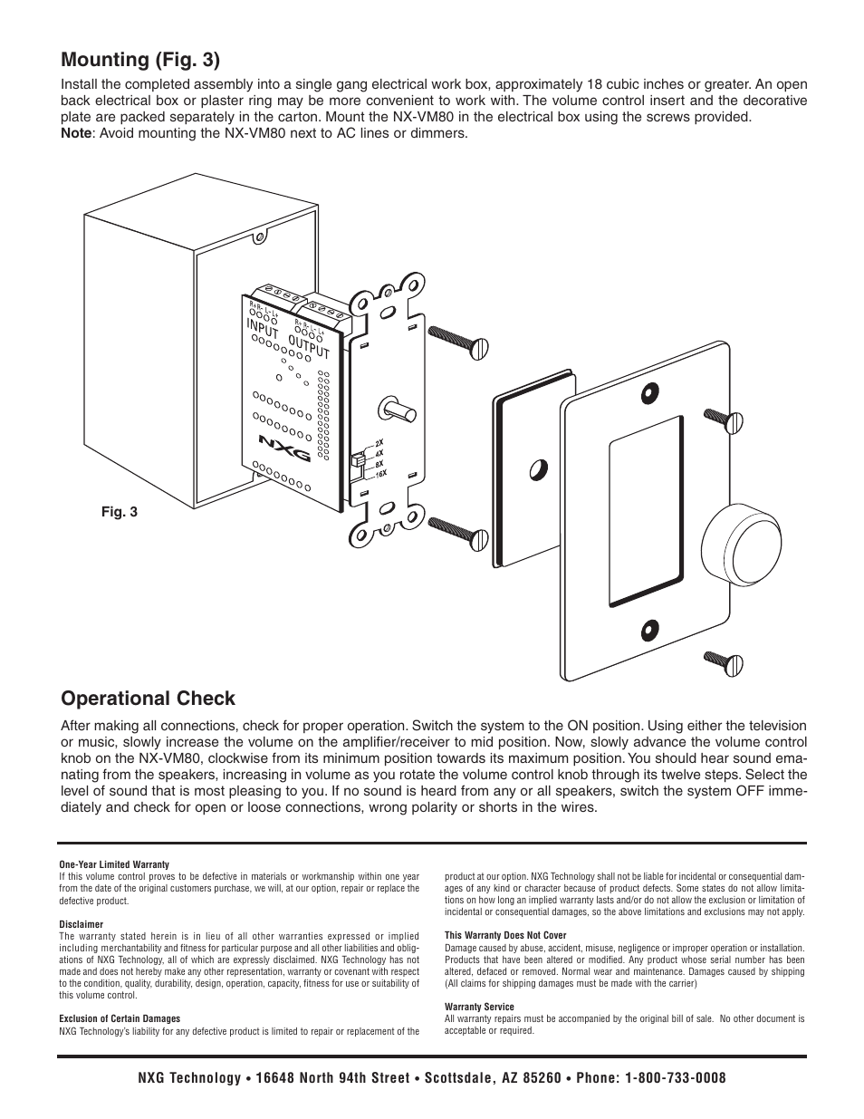 Mounting (fig. 3), Operational check | NXG Technology NX-VM80 Impedance Matching Volume Control User Manual | Page 2 / 2