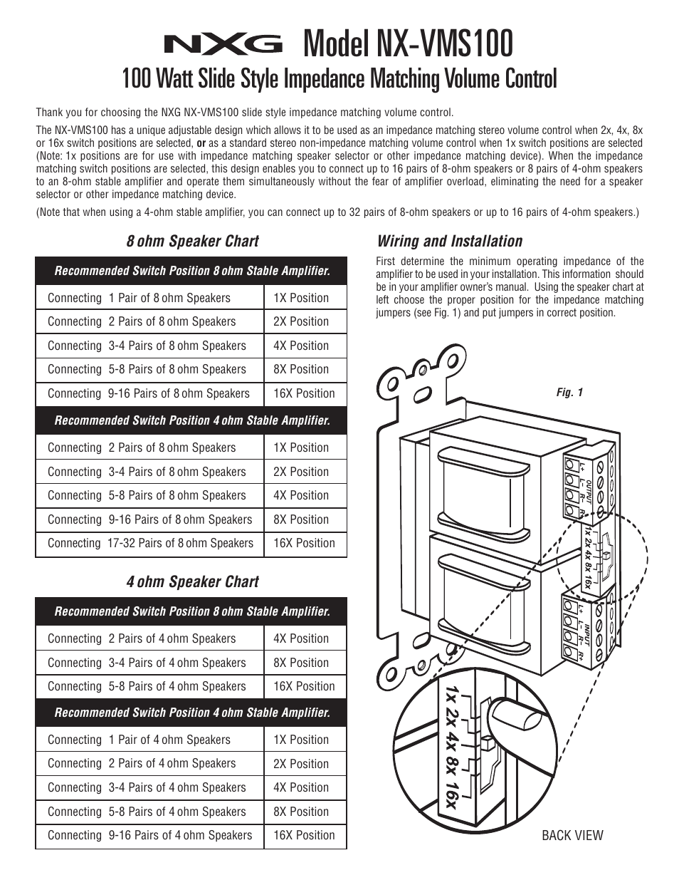 NXG Technology NX-VMS100 Impedance Matching Volume Control User Manual | 2 pages
