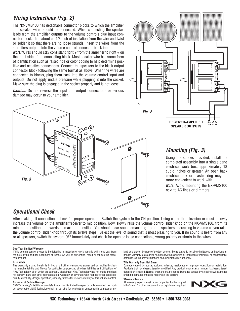 Mounting (fig. 3), Operational check, Wiring instructions (fig. 2) | NXG Technology NX-VMS100 Impedance Matching Volume Control User Manual | Page 2 / 2