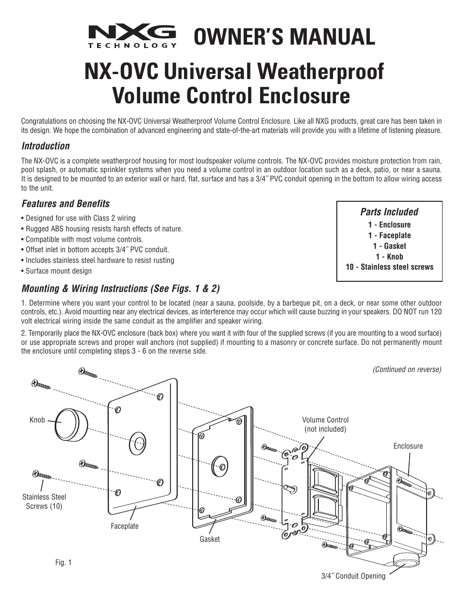 NXG Technology NX-OVC Weatherproof Volume Control Enclosure User Manual | 2 pages