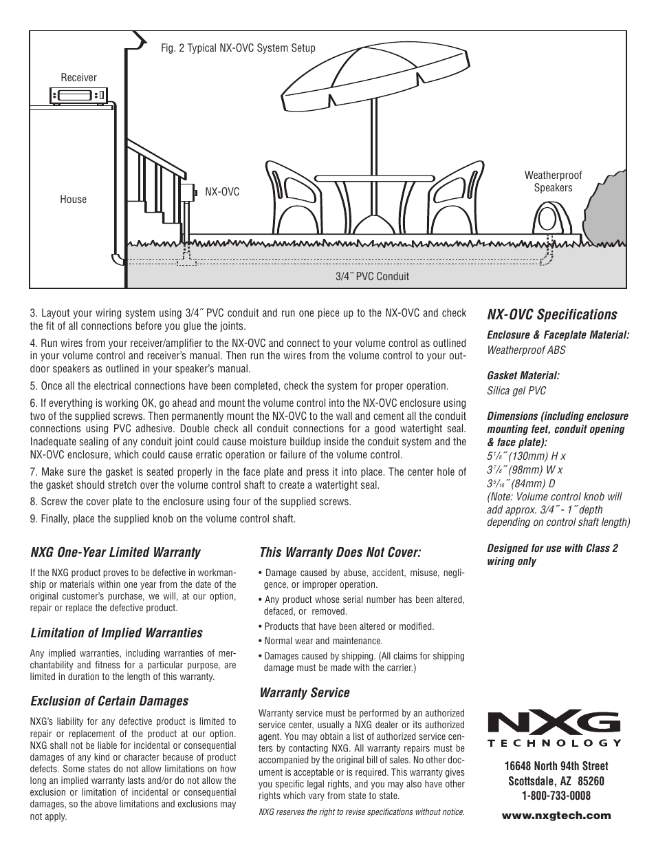 Nx-ovc specifications, Nxg one-year limited warranty, Limitation of implied warranties | Exclusion of certain damages, This warranty does not cover, Warranty service | NXG Technology NX-OVC Weatherproof Volume Control Enclosure User Manual | Page 2 / 2