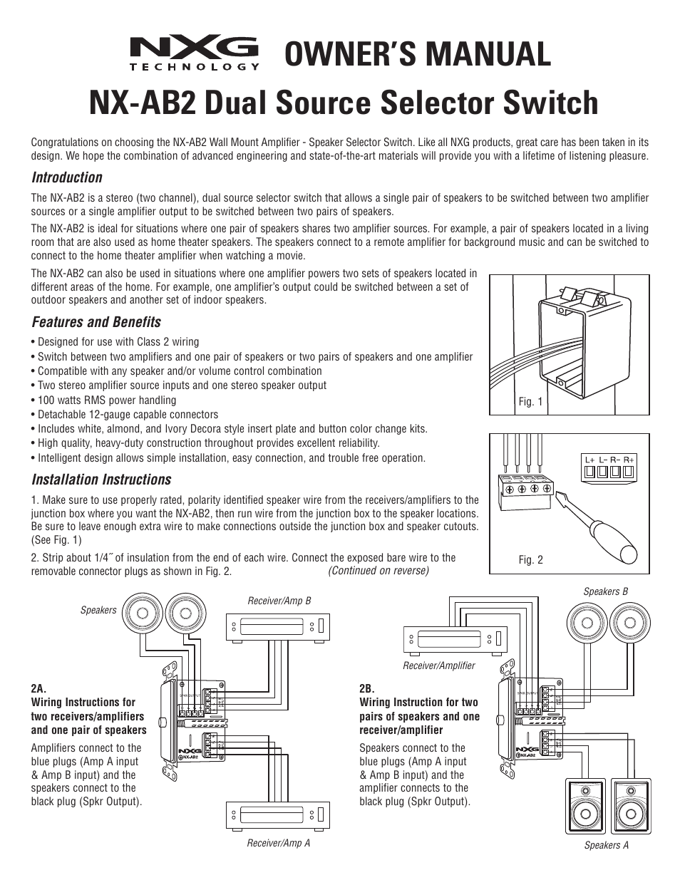 NXG Technology NX-AB2 Dual Source Selector Switch User Manual | 2 pages