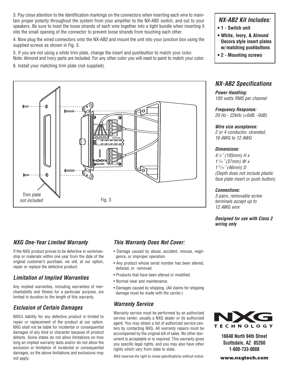 Nx-ab2 specifications, Nx-ab2 kit includes, Nxg one-year limited warranty | Limitation of implied warranties, Exclusion of certain damages, This warranty does not cover, Warranty service | NXG Technology NX-AB2 Dual Source Selector Switch User Manual | Page 2 / 2