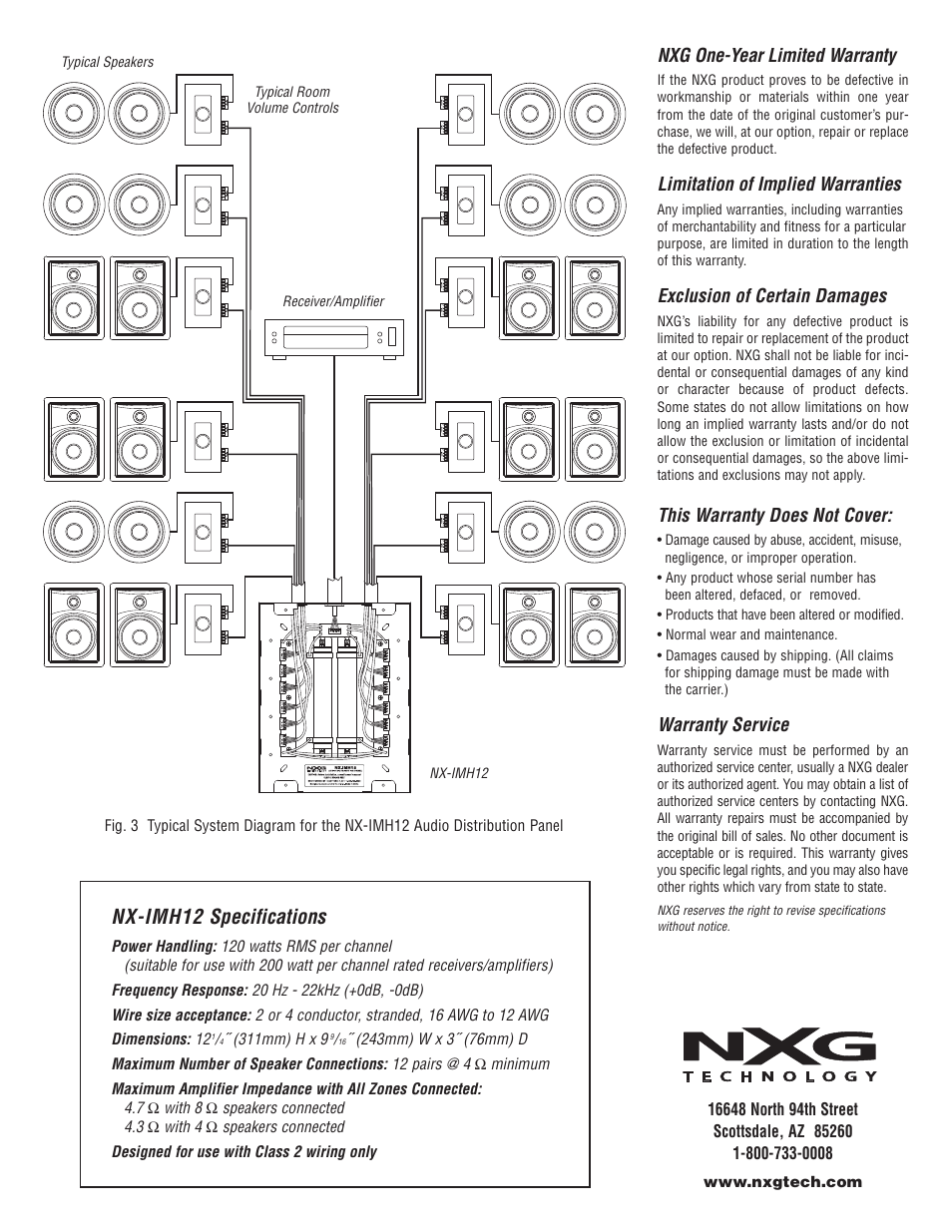 Nx-imh12 specifications, Nxg one-year limited warranty, Limitation of implied warranties | Exclusion of certain damages, This warranty does not cover, Warranty service | NXG Technology NX-IMH12 Audio Distribution Panel User Manual | Page 2 / 2