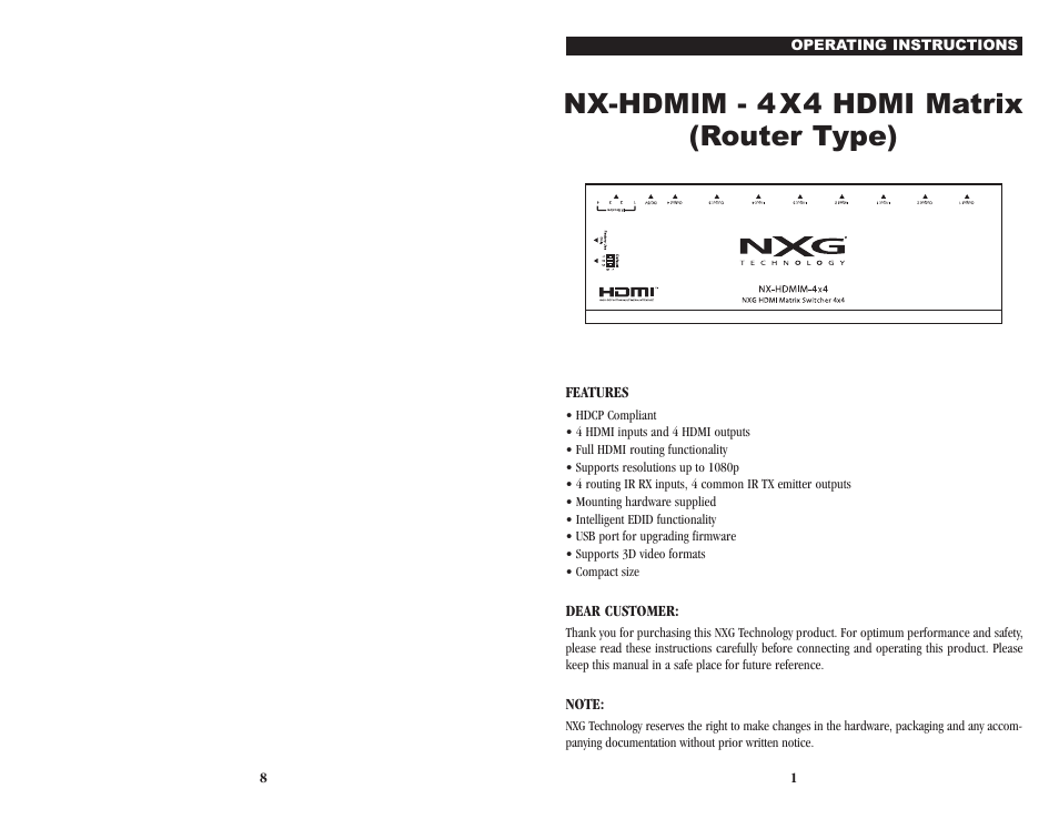 NXG Technology NX-HDMIM-4x4 - 4x4 Matrix User Manual | 4 pages