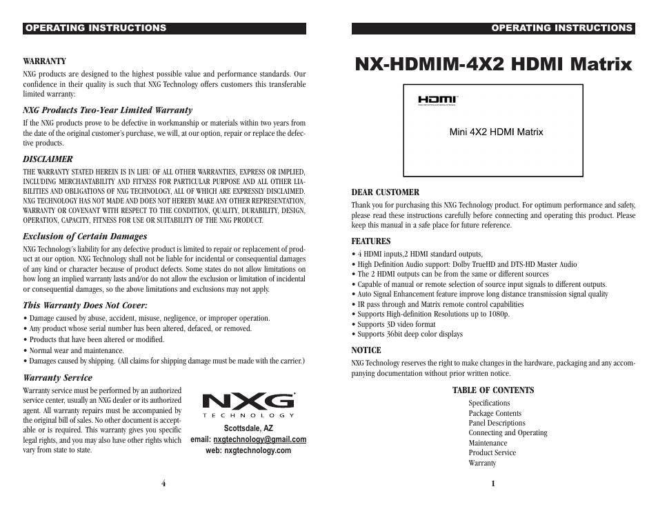 NXG Technology NX-HDMIM-4x2 - 4x2 Matrix User Manual | 2 pages