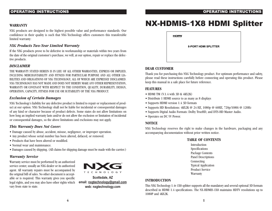 NXG Technology NX-HDMIS-1x8 - 1 x 8 Splitter User Manual | 2 pages