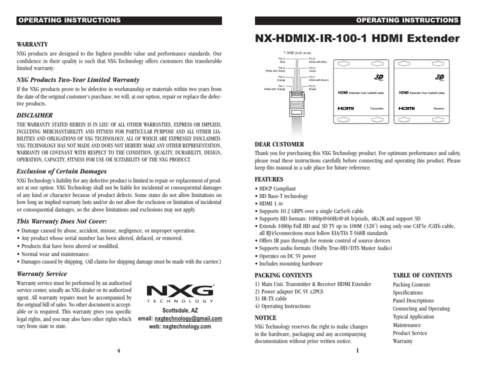 NXG Technology NX-HDMIX-IR-100-1 - HDMI over single HDBaseT User Manual | 2 pages