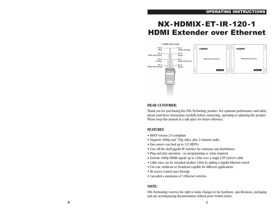 NXG Technology NX-HDMIX-ET-IR-120-1 - HDMI over single Ethernet User Manual | 4 pages