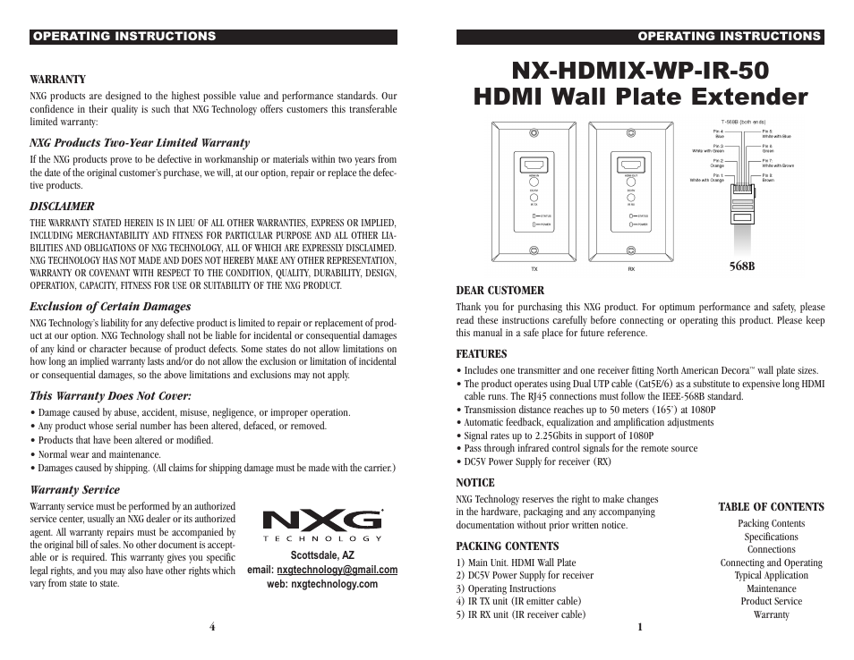 NXG Technology NX-HDMIX-WP-IR-50 - HDMI over dual Cat5e/6/7 User Manual | 2 pages