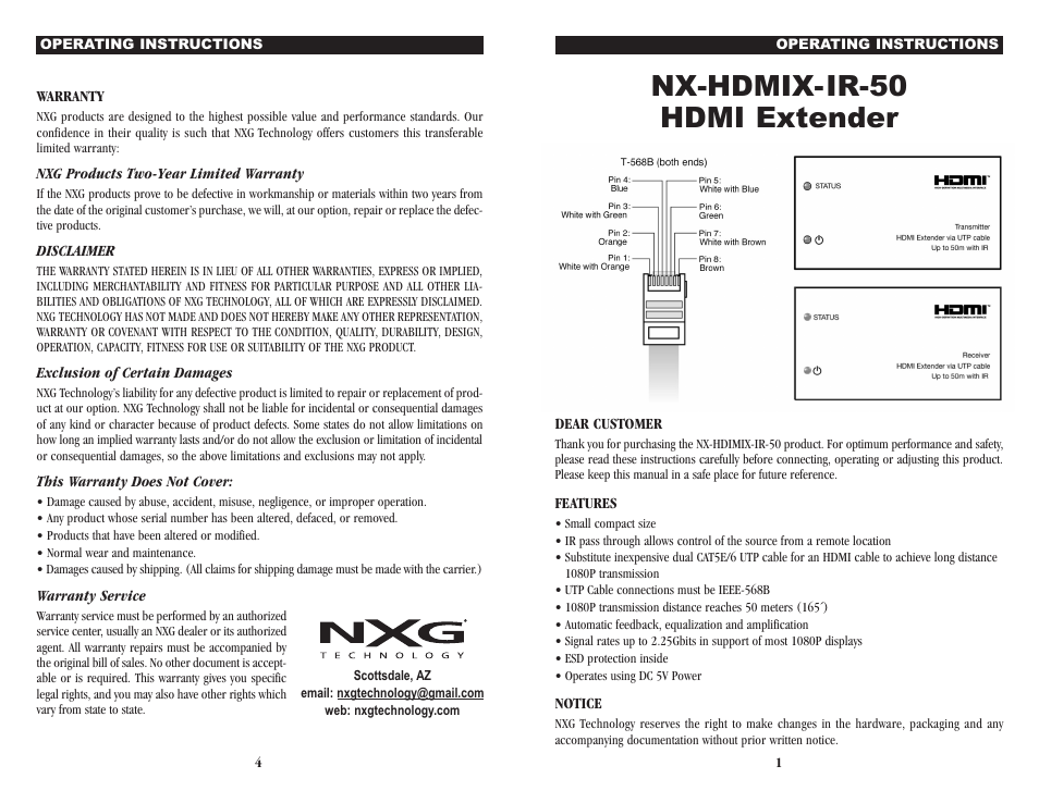 NXG Technology NX-HDMIX-IR-50 - HDMI over dual Cat5e/6/7 User Manual | 2 pages