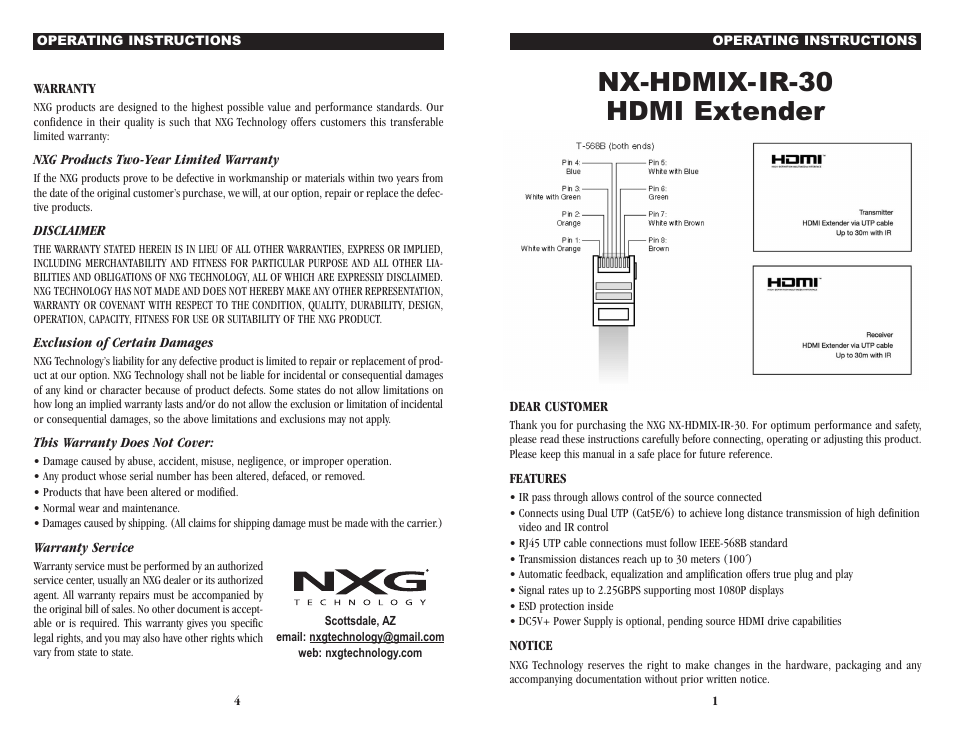 NXG Technology NX-HDMIX-IR-30 - HDMI over dual Cat5e/6/7 User Manual | 2 pages
