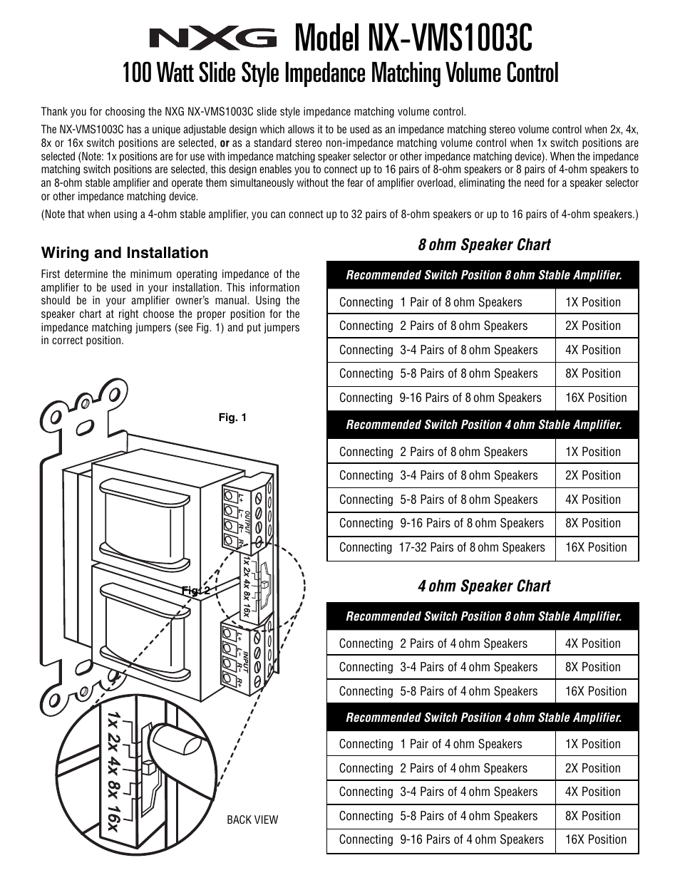 NXG Technology NX-VMS1003C - Slide Style Impedance Matching Volume Control User Manual | 4 pages