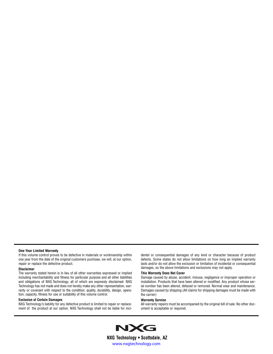 Nxg technology, Scottsdale, az | NXG Technology NX-VMS1003C - Slide Style Impedance Matching Volume Control User Manual | Page 4 / 4