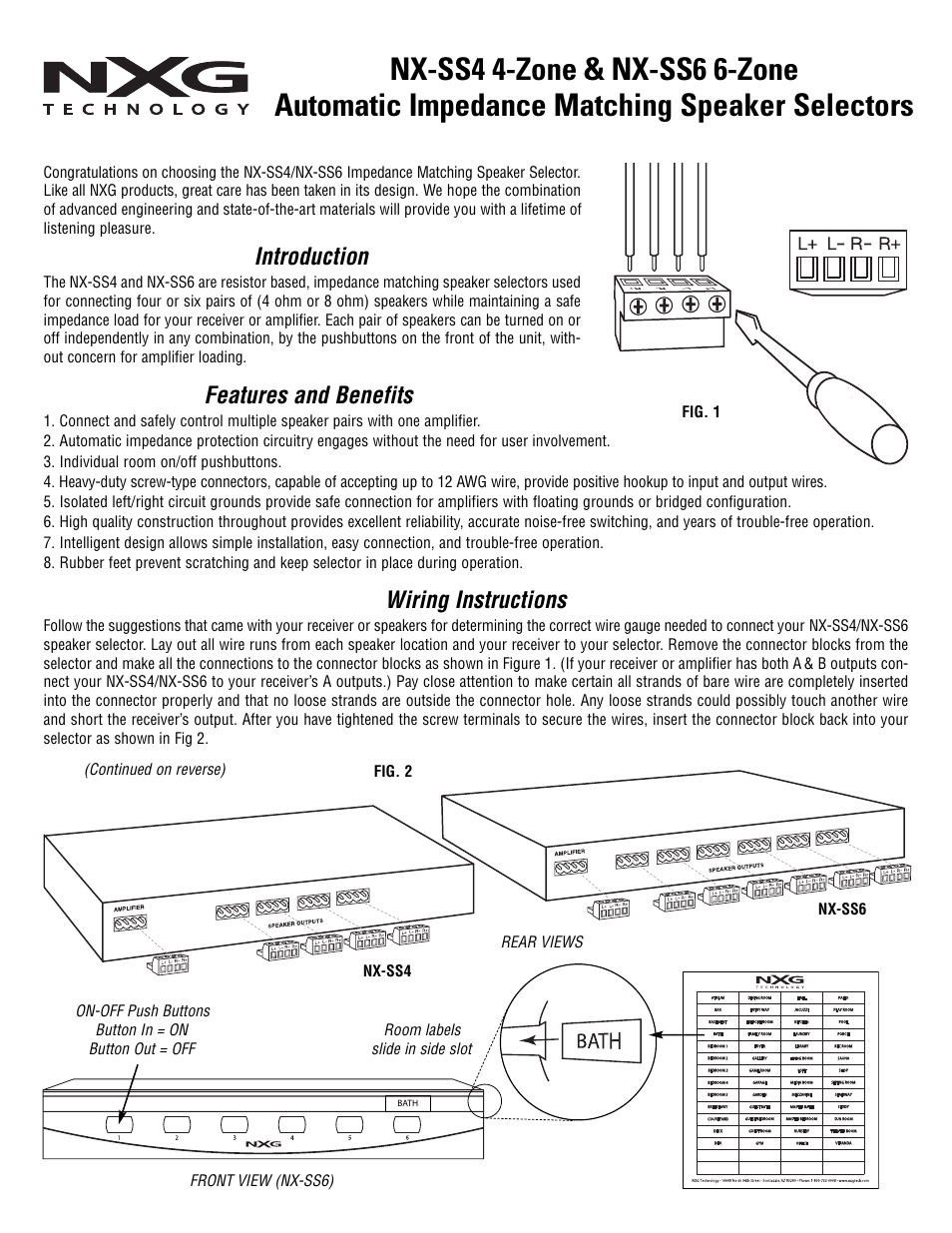 NXG Technology NX-SS6 - Impedance Matching Speaker Selectors User Manual | 2 pages