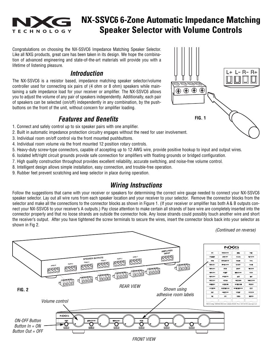 NXG Technology NX-SSVC6 - Six Zone Automatic Impedance Matching Speaker Selector User Manual | 2 pages