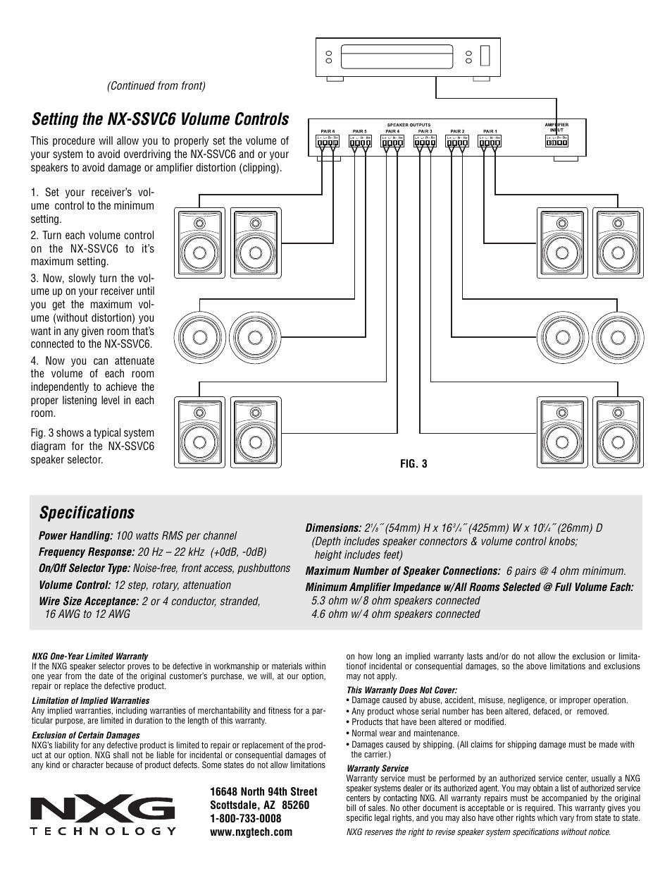 Setting the nx-ssvc6 volume controls, Specifications | NXG Technology NX-SSVC6 - Six Zone Automatic Impedance Matching Speaker Selector User Manual | Page 2 / 2