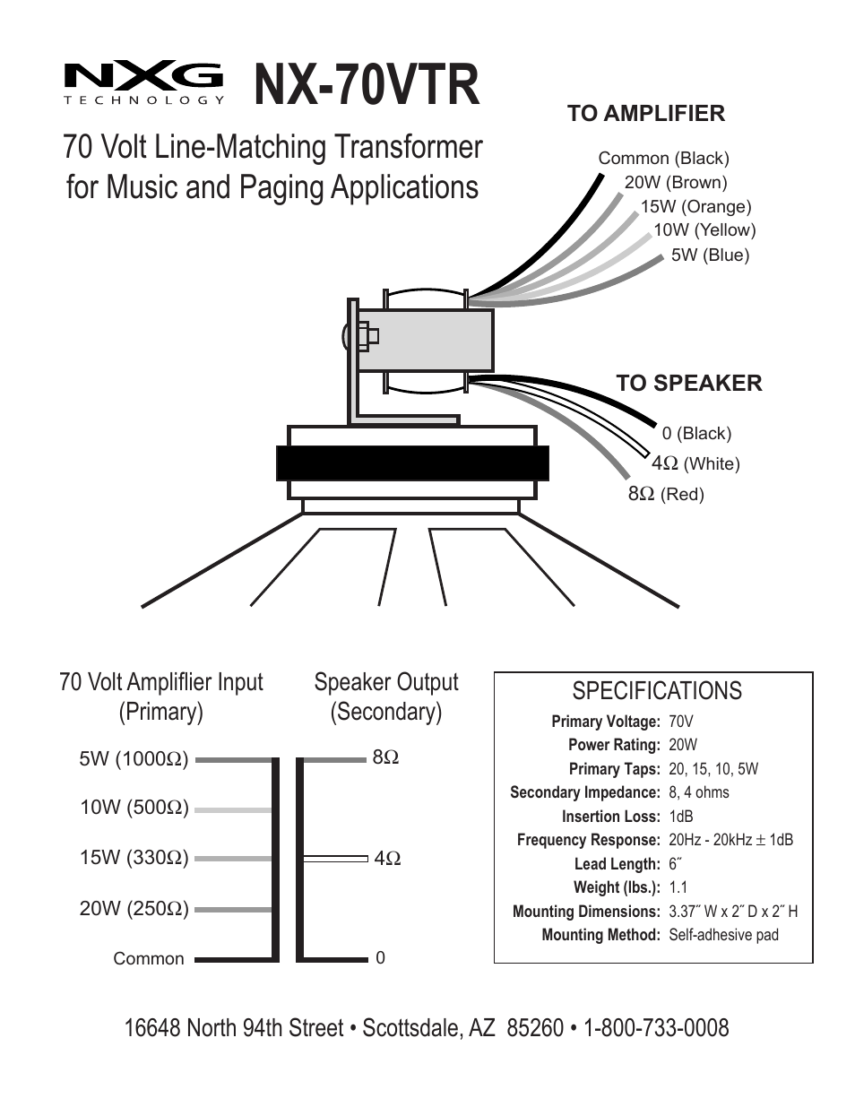 NXG Technology NX-70VTR - 70-volt transformer User Manual | 1 page