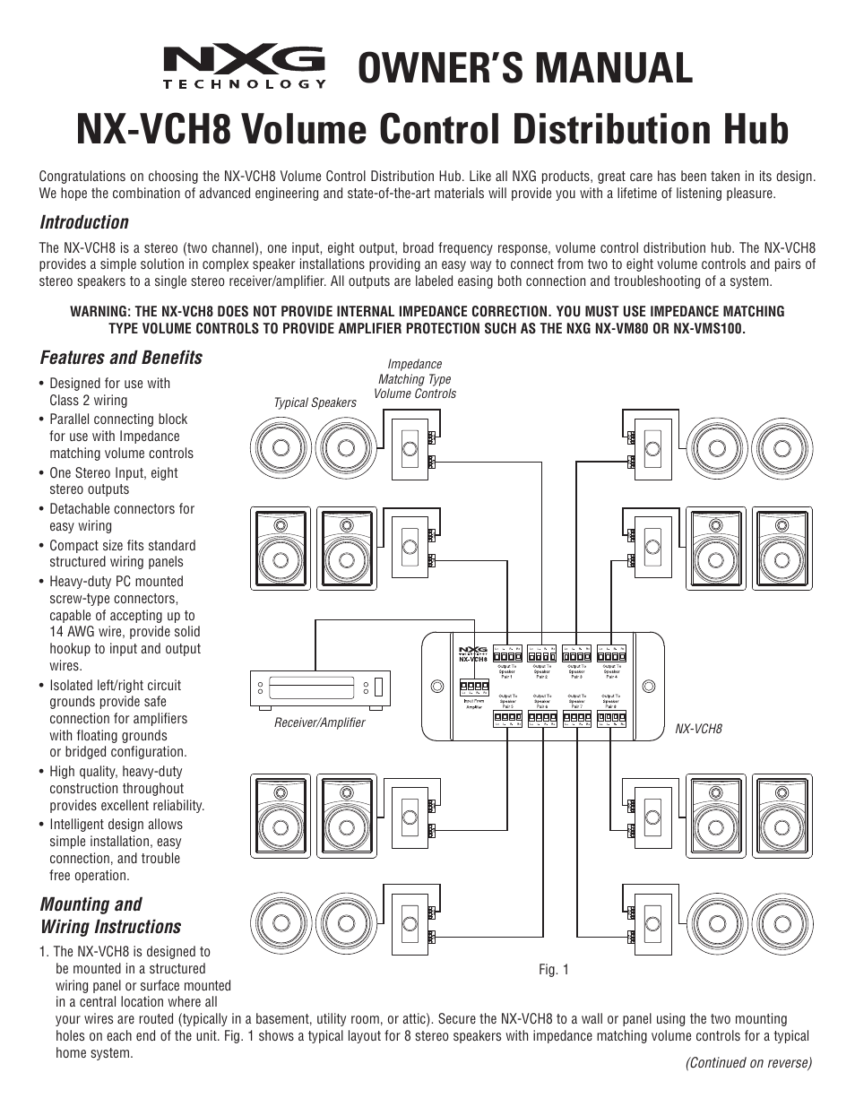 NXG Technology NX-VCH8 - Volume Control Distribution Hub User Manual | 2 pages