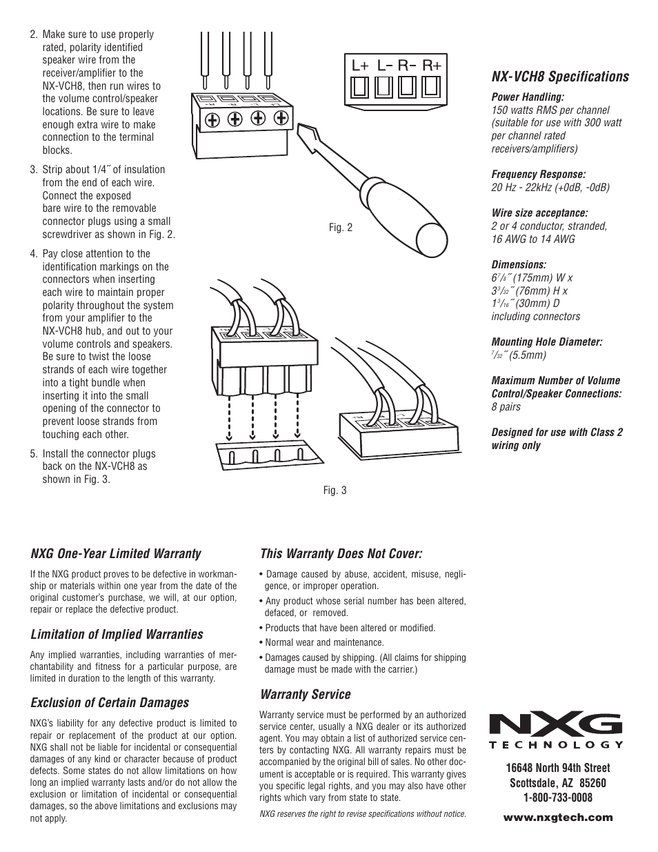 Nx-vch8 specifications, Nxg one-year limited warranty, Limitation of implied warranties | Exclusion of certain damages, This warranty does not cover, Warranty service | NXG Technology NX-VCH8 - Volume Control Distribution Hub User Manual | Page 2 / 2