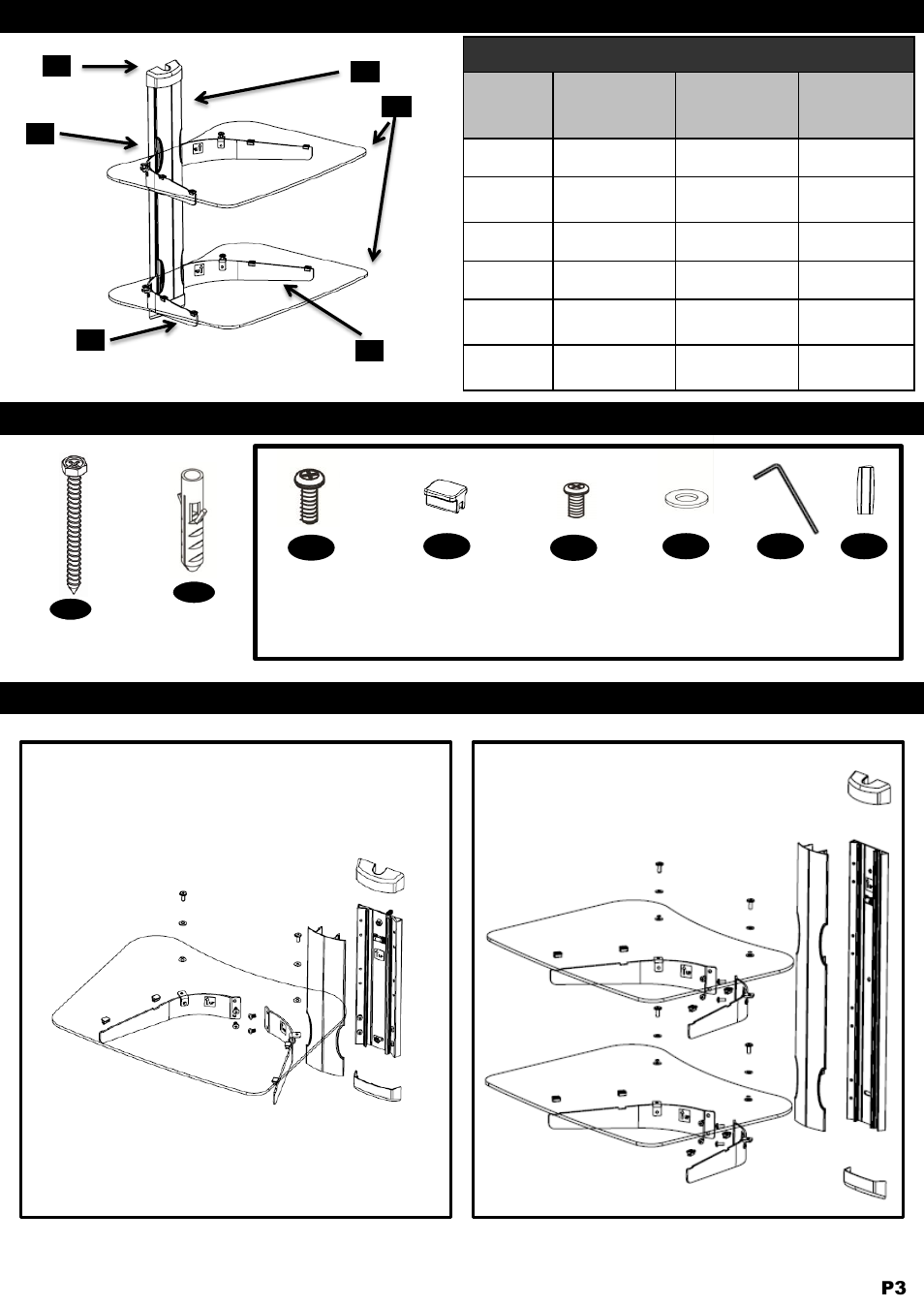 Product parts hardware part numbers, Product component parts single shelf double shelf | NXG Technology NX-SHELF-2 User Manual | Page 3 / 12