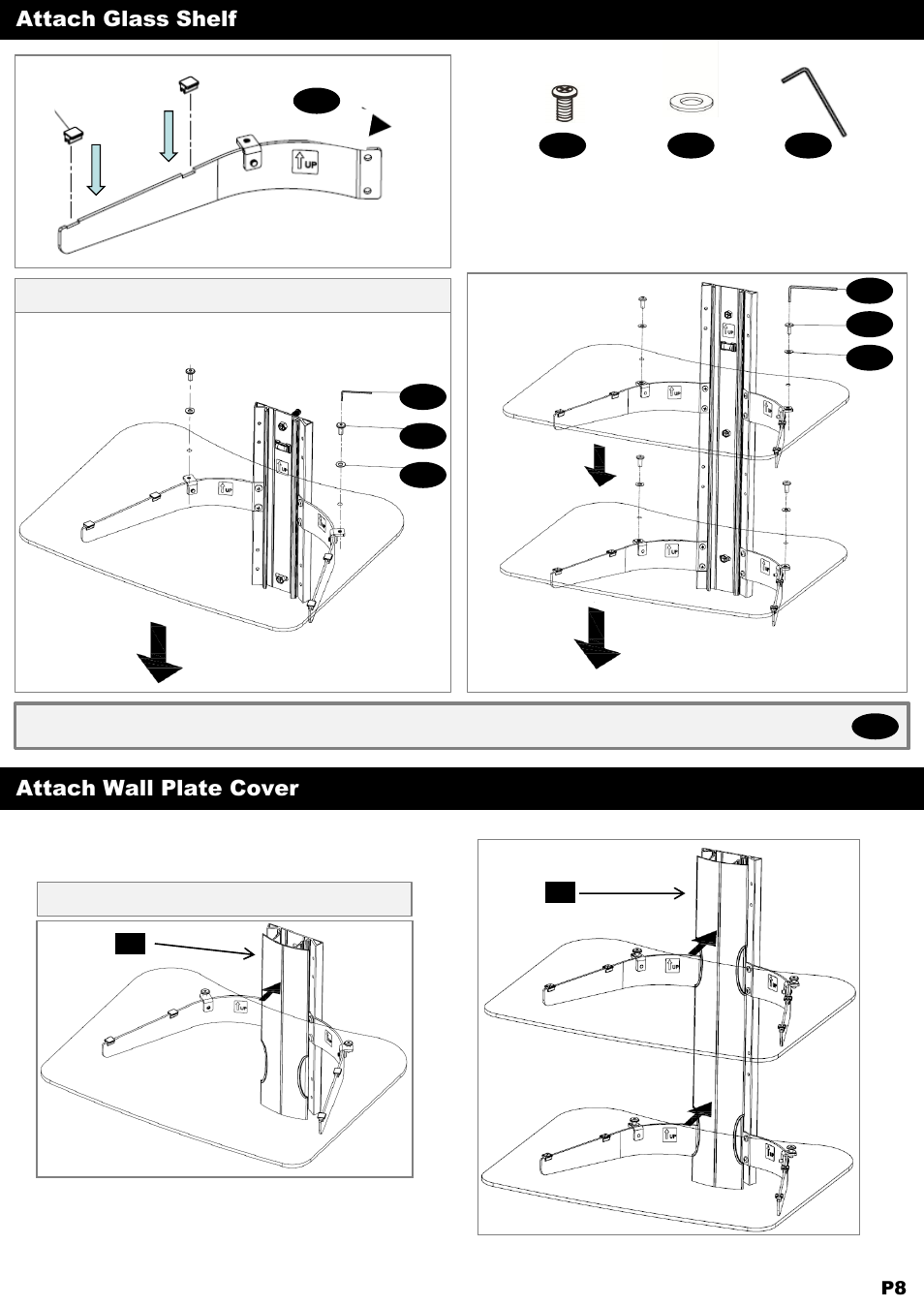 Attach glass shelf, Attach wall plate cover, Secure glass shelf to shelf supports | Press wall plate cover onto wall plate | NXG Technology NX-SHELF-2 User Manual | Page 8 / 12