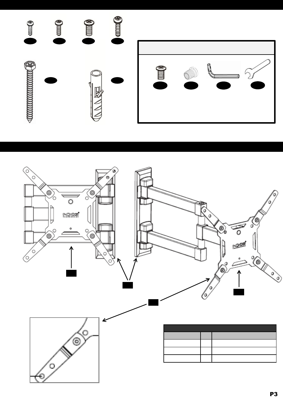 Product component parts, Hardware part numbers, Adapter hardware | NXG Technology NX-MOUNT-ART-S User Manual | Page 3 / 10