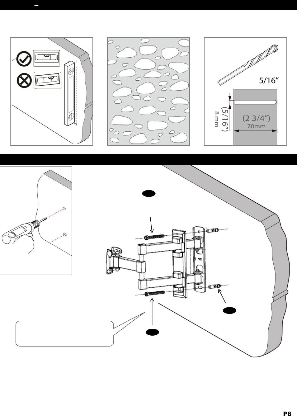 Step 3b – solid concrete installation, Step 3b- drill pilot hole and mount wall plate | NXG Technology NX-MOUNT-ART-S User Manual | Page 8 / 10