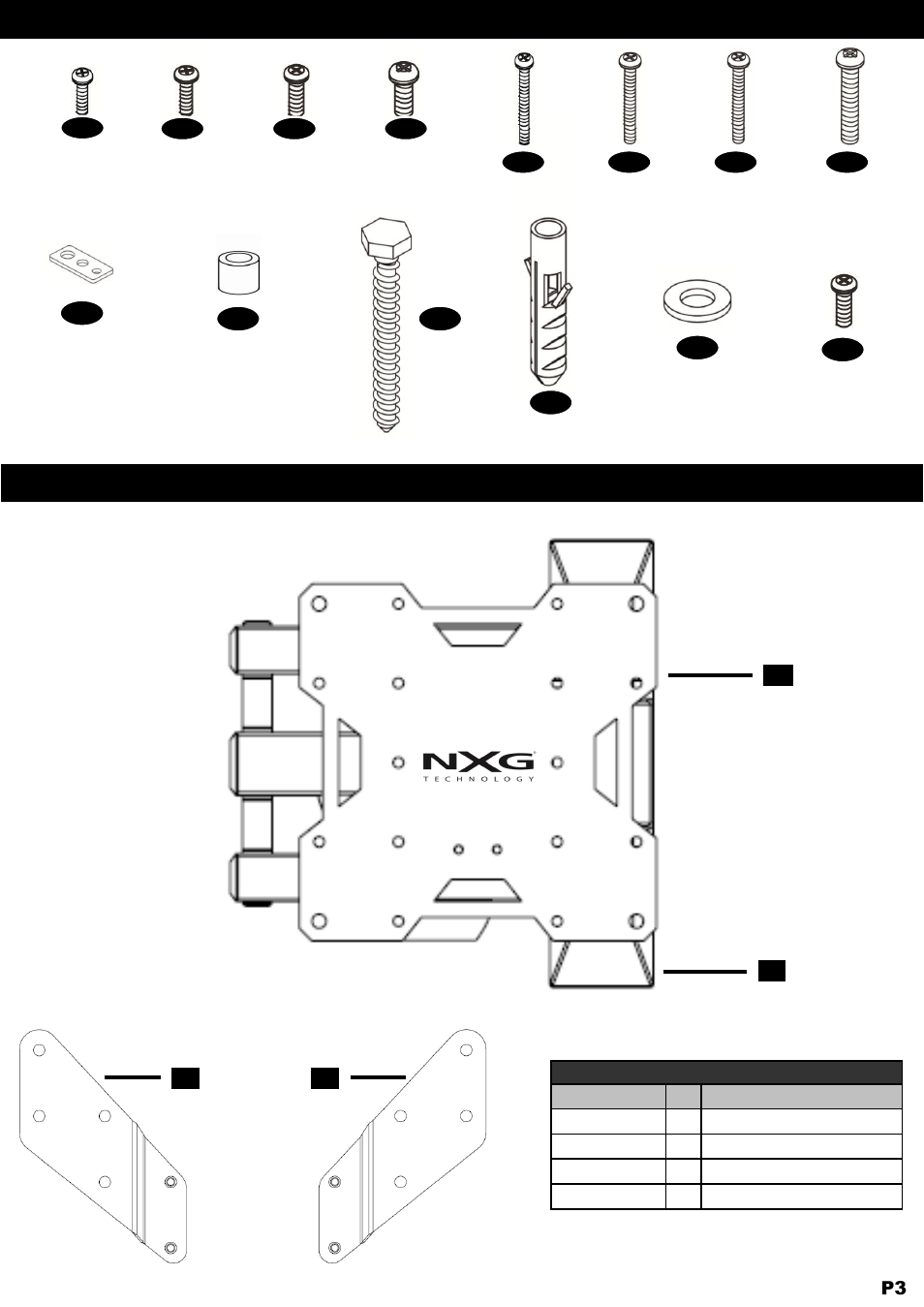 Product component parts hardware part numbers | NXG Technology NX-MOUNT-ART-M User Manual | Page 3 / 11