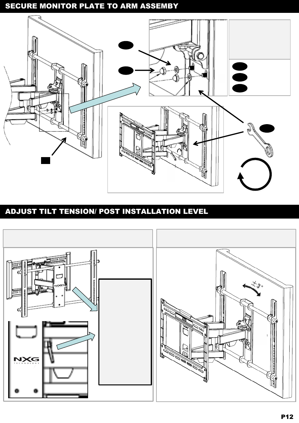 Secure monitor plate to arm assemby, Adjust tilt tension/ post installation level | NXG Technology NX-MOUNT-ART-L User Manual | Page 12 / 13