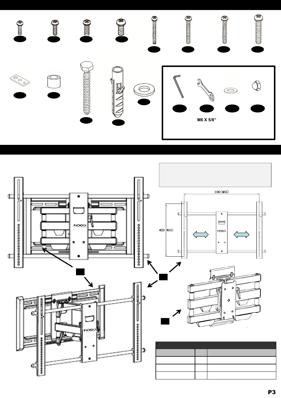Hardware product numbers product component parts, Adapter hardware | NXG Technology NX-MOUNT-ART-L User Manual | Page 3 / 13
