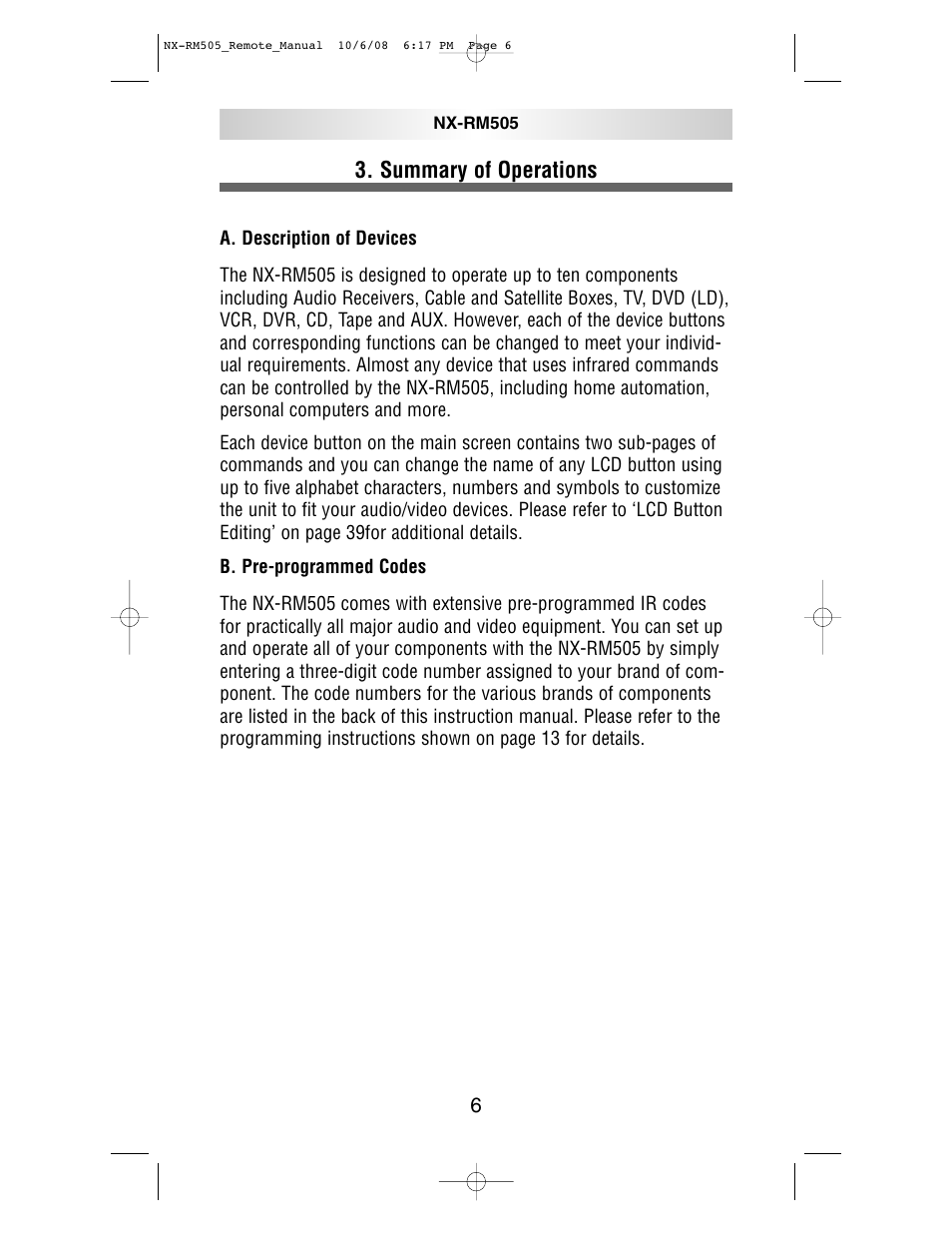 Summary of operations | NXG Technology NX-RM505 User Manual | Page 6 / 80