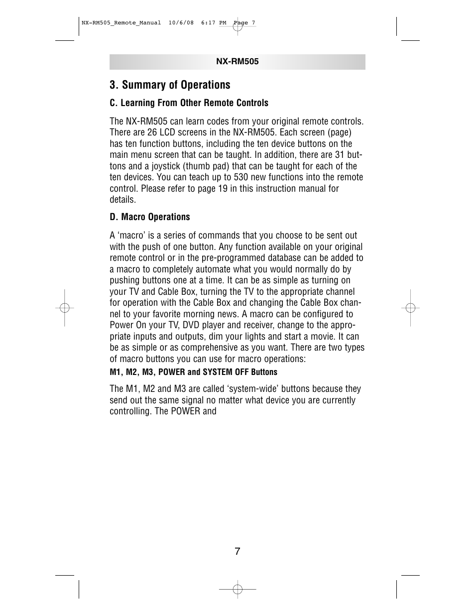 Summary of operations | NXG Technology NX-RM505 User Manual | Page 7 / 80