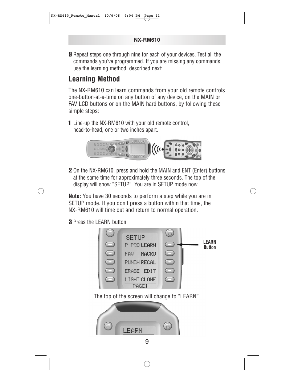 Learning method | NXG Technology NX-RM610 User Manual | Page 11 / 66