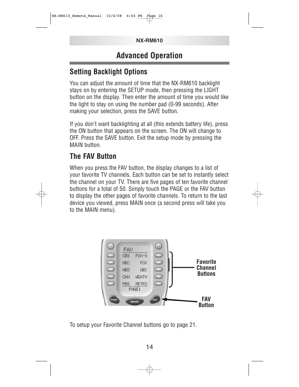 Advanced operation, Setting backlight options, The fav button | NXG Technology NX-RM610 User Manual | Page 16 / 66