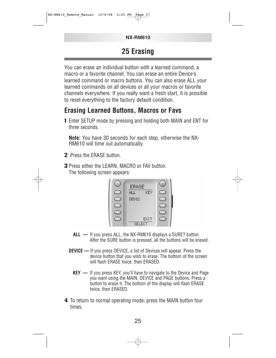 25 erasing, Erasing learned buttons, macros or favs | NXG Technology NX-RM610 User Manual | Page 27 / 66